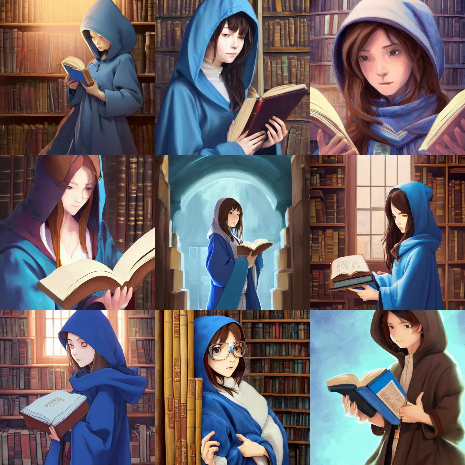 Prompt: portrait of a female wizard with brown hair wearing a blue hood and blue robe holding a book inside an old library, half body, single subject, ambient lighting, highly detailed, digital painting, trending on pixiv fanbox, studio ghibli, extremely high quality artwork, art by ross tran and artgerm and makoto shinkai