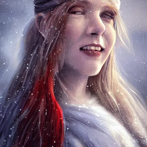 Image similar to epic portrait An viking woman smiling in blizzardy winter, beauty, pretty face, glossy skin, beautiful eyelashes, red long flowing hair, blurry backround, digital painting, artstation, concept art, soft light, hdri, smooth, sharp focus, illustration, fantasy, intricate, elegant, highly detailed, D&D, matte painting, in the style of Greg Rutkowski and Alphonse Mucha and artemisia, 8k, highly detailed, jurgens, rutkowski, bouguereau, pastoral, rustic, georgic