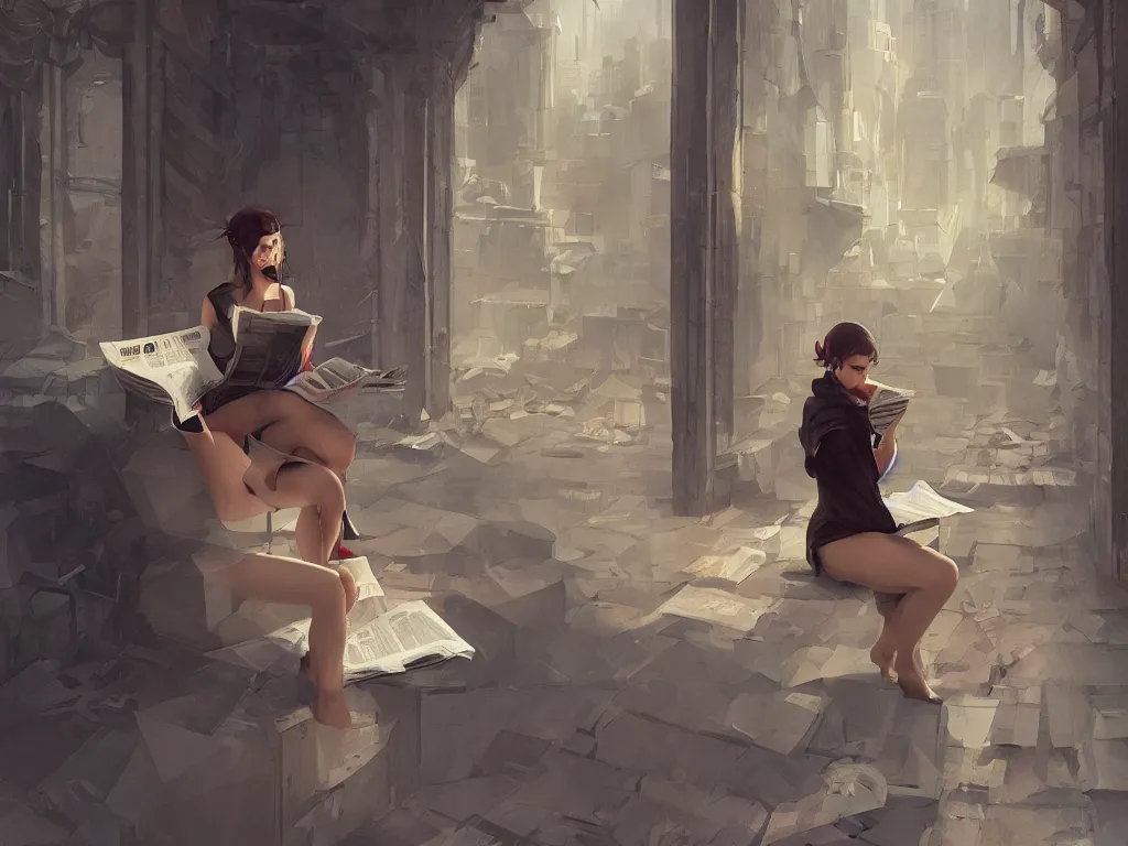 Image similar to seductive goddes reading newspaper in modern city in the style of Durand and greg rutkowski, beautiful, geometric, trending on artstation, cinematic