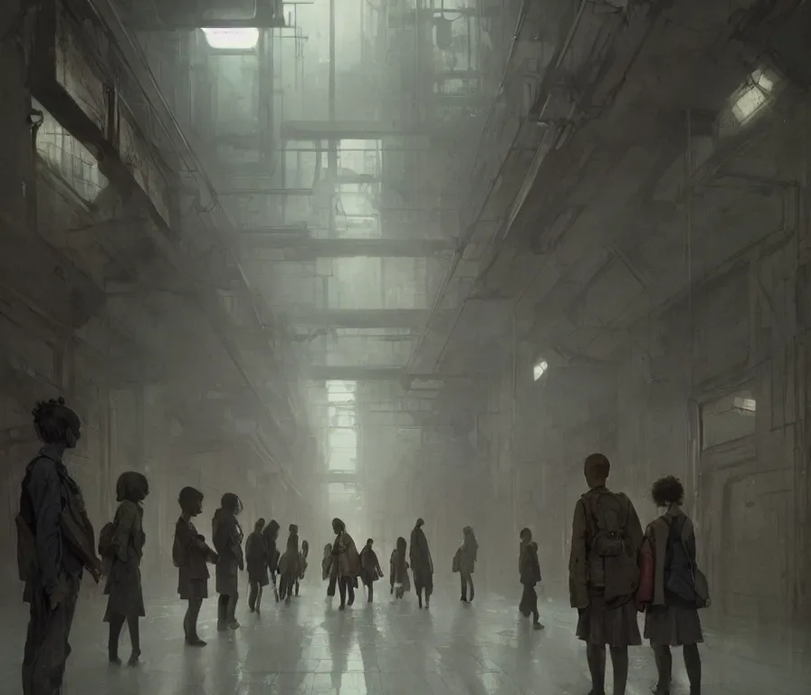 Prompt: queue of 1 9 6 0 s pedestrians in long hallway | sadie sink in oversized school uniform. scifi cyberpunk film concept art. by greg rutkowski, greg staples, gustave courbet, rosa bonheur, noah bradley. sharp focus, cinematic atmosphere, detailed and intricate, perfect anatomy