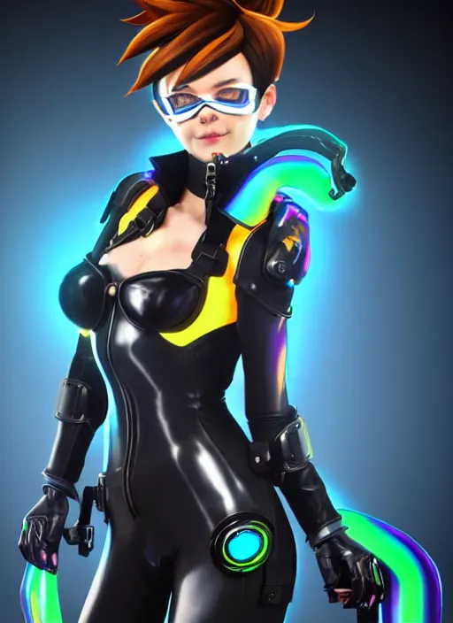 Image similar to full body digital artwork of tracer overwatch, wearing black iridescent rainbow latex, 4 k, expressive happy smug expression, makeup, in style of mark arian, wearing detailed black leather collar, wearing sleek armor, black leather harness, expressive detailed face and eyes,