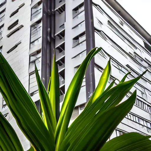 Image similar to Snake plant taking over an entire apartment block, low angle shot, ambient lighting, high detail