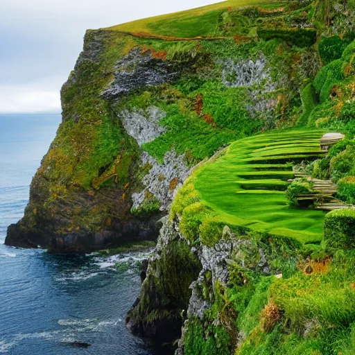 Prompt: a very beautiful house with a Green garden on a Cliff in Ireland, 8K, photorealistic, High resolution, architectural digest