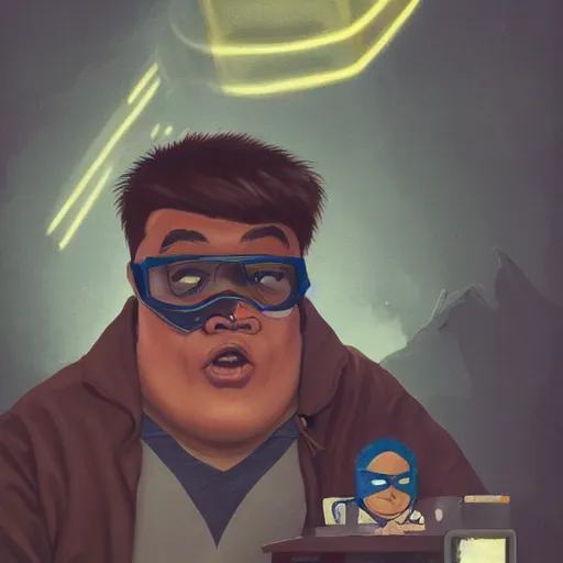 Image similar to an insanely detailed painting of a chubby nerdy asian man wearing a homemade superhero costume and mask, sitting at a computer desk typing on the keyboard, in the style of peter mohrbacher, dramatic lighting and composition, trending on artstation, concept art, comic book, graphic novel, back view