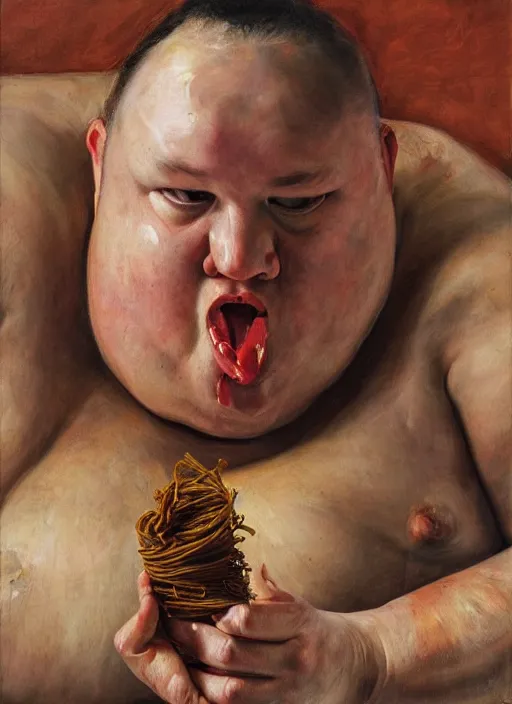 Prompt: high quality high detail painting by jenny saville, hd, a fat man eating spaghetti, photorealistic lighting