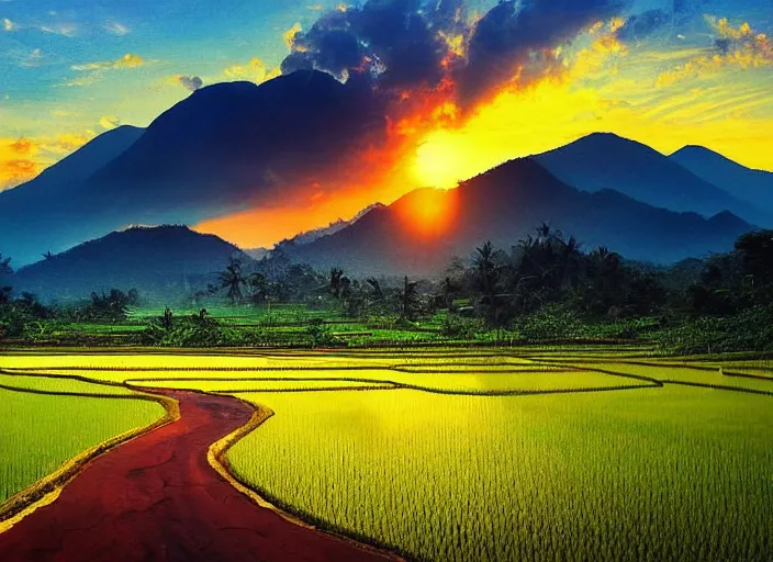 Image similar to a road between rice paddy fields, two big mountains in the background, big yellow sun rising between 2 mountains, flocks of birds in the sky, indonesia national geographic, award winning dramatic painting