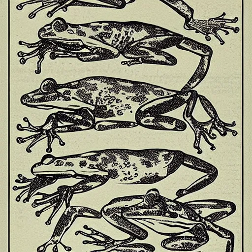 Image similar to full page antique lithograph blueprint of frogs, White background, art print, clean brush stroke