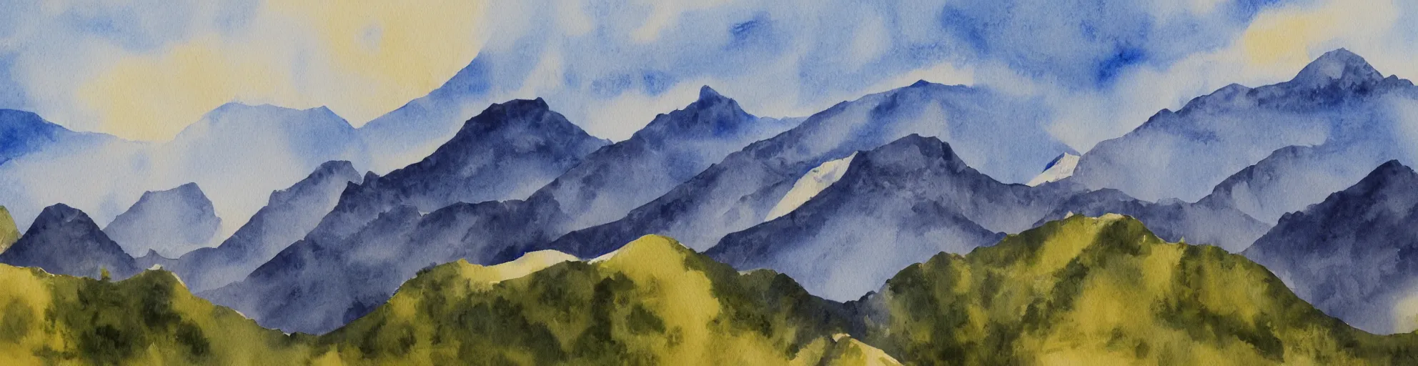 Prompt: A water color painting of a beautiful mountain range