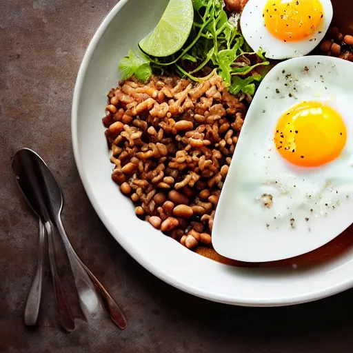 Image similar to A delicious plate of beans and rice, egg, garnish, food photography, michilin star