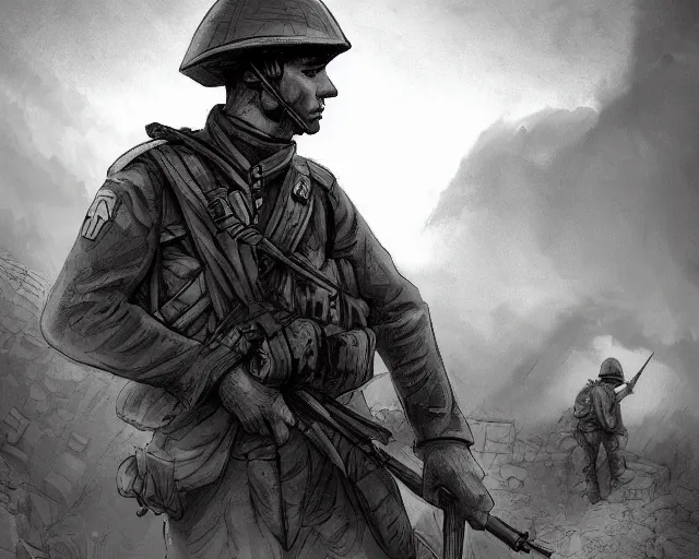 Image similar to A despaired soldier in a world war 1 trench, black and white, amazing digital art, hyper detailed, artstation, in the style of Tony Sart