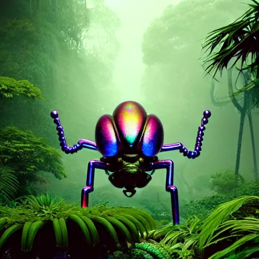 Image similar to giant iridescent bug creature is lush jungle, raning, foggy, moody, :: by Jeff Koons, Dan McPharlin Daniel Merrian :: ornate, dynamic, particulate, rich colors, intricate, elegant, highly detailed, centered, artstation, smooth, sharp focus, octane render, 3d