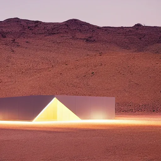 Prompt: building in a desert at night, minimalist architecture, neon lights, james turrel,