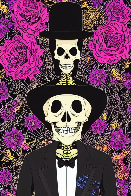 Image similar to portrait of a skeleton in a black suit and tie with flower shirt, vivid flower background by Jen Bartel and Dan Mumford and Satoshi Kon, gouache illustration