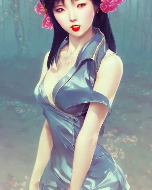 Image similar to a pin up and beautiful fashion charming dreamlike korean girl with low cut dress, character art, art by artgerm lau and kyoung hwan kim and and ilya kuvshinov and john singer sargent, hyperdetailed, 8 k realistic, symmetrical, frostbite 3 engine, cryengine, dof, trending on pixiv, digital art