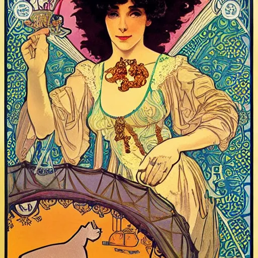 Image similar to a vintage poster with border of a Caucasian fortune teller lady with curly hair, a spread of tarot cards on a table, cats on her side, in a colorful tent, Alphonse Mucha poster ,