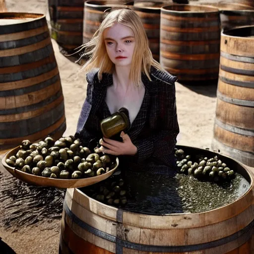 Image similar to Elle Fanning emerges from a barrel filled with olives in oil