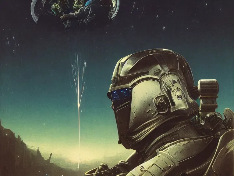 Image similar to a detailed profile painting of a bounty hunter in armour and visor, cinematic sci-fi poster. Spaceship high in the background. Flight suit, anatomy portrait symmetrical and science fiction theme with lightning, aurora lighting clouds and stars. Clean and minimal design by beksinski carl spitzweg and tuomas korpi. baroque elements. baroque element. intricate artwork by caravaggio. Oil painting. Trending on artstation. 8k