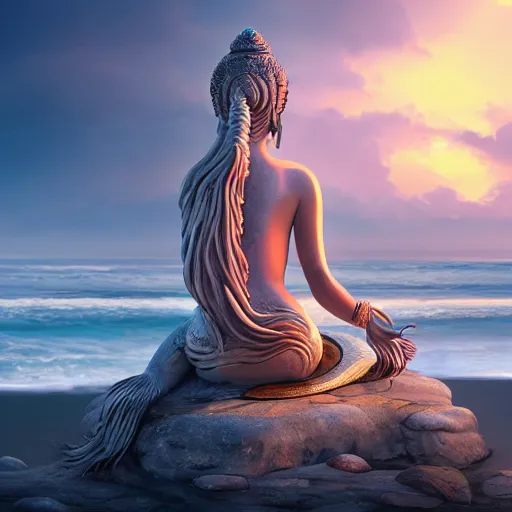 Image similar to stunning artstation style portrait painting of a mermaid bodhisattva, praying meditating prayer hands, on the beach, by the ocean, stunning sky, WLOP, 8k masterpiece, curvy, slim build, full frame shot, cinematic lighting, pristine clean design, fantasy, insanely detailed, atmospheric