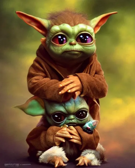Prompt: The Mogwai Gizmo, from the movie Gremlins, holds hands with his friend baby Yoda, trending on artstation, Photorealistic