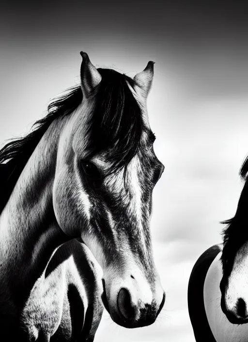 Image similar to two horses black and white portrait white sky in background