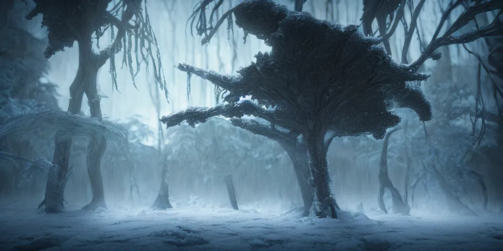 Image similar to fantasy! drizzt do'urden, winter trees, rapier, combat, fighting, duel, hyperrealism, 8 k octane render, inspired by tyler jacobson