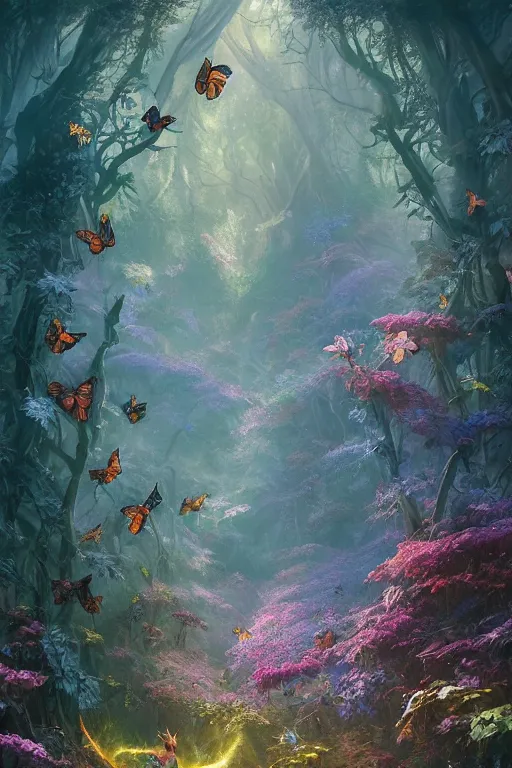 Prompt: A matte painting of a magical forest of flowers, butterflies, flashes of light, fairies by Michael Whelan, Anato Finnstark , Edmund Dulac, Noah Bradley, detailed, Artstation , beautiful Fantasy detailed and matte painting by ivan laliashvili , trending on artstation, high quality printing, fine art with subtle redshift rendering