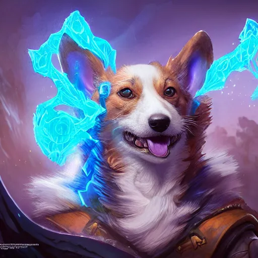 Prompt: d & d character art, a corgi thaumaturgist, glowing blue spell effects, arcane trinkets, intricate, extremely detailed, hyperrealistic, beautiful digital illustration, greg rutkowski, artgerm, hearthstone, world of warcraft, fantasy, trending on artstation, 8 k