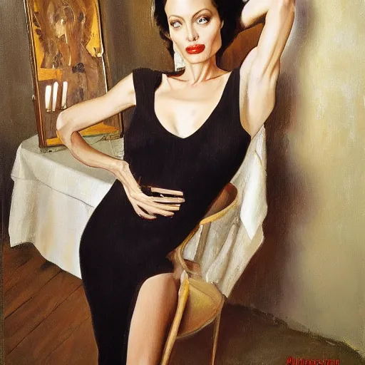 Image similar to oil painting of full - body angelina jolie posing as housepainter by alexander nikolayevich samokhvalov ну или norman percevel rockwell from 1 9 3 0 s