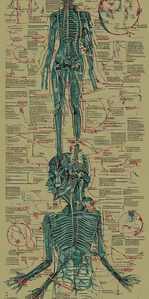 Image similar to anatomy of the borg, diagrams, map, marginalia, sketchbook, old script, inhabited initials, pastel infographic by Wes Anderson and victo ngai