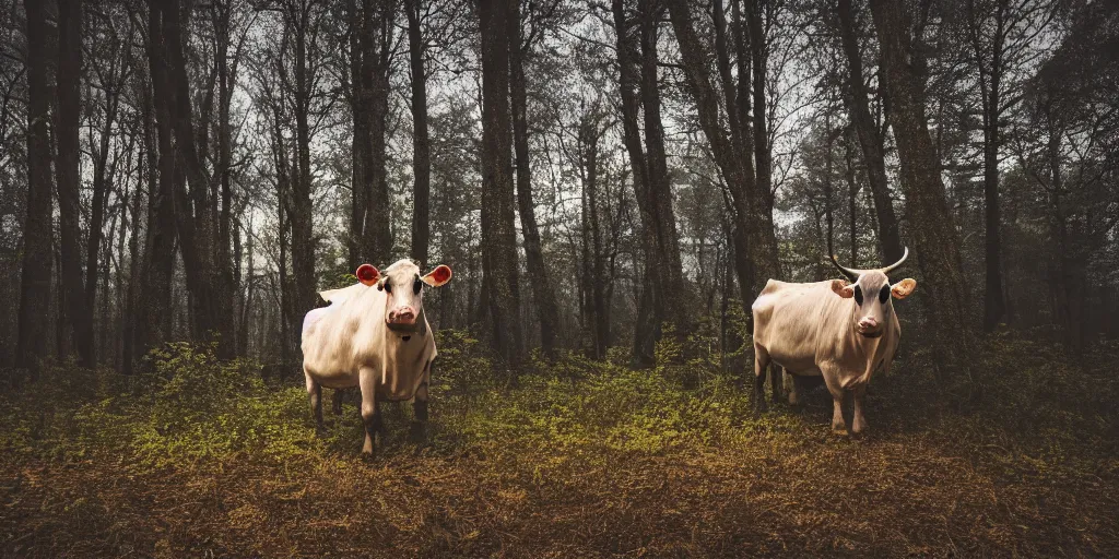 Prompt: photo of an anthropomorphic cow stalking you in the dark eerie forest at night, 8k UHD