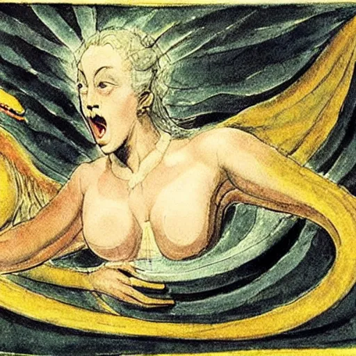 Image similar to an opera soprano singing and dragons are coming out of her mouth, william blake