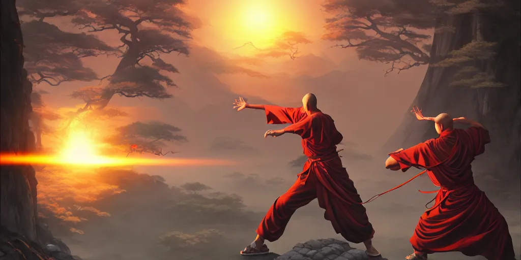 Prompt: [ shaolin monks. orbs of light hover over their open palms ]. fantasy art, digital painting, golden hour, 8 k, highly detailed. realistic award, disney concept art, watercolor splash, epic mythology, illustration by style of makoto shinkai takashi takeuchi yoshiyuki sadamoto, greg rutkowski chiho aoshima