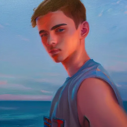 Image similar to an influencer teen guy portrait, sunset, ocean in distance, oil painting, pale colors, high detail, 8 k, wide angle, trending on artstation,