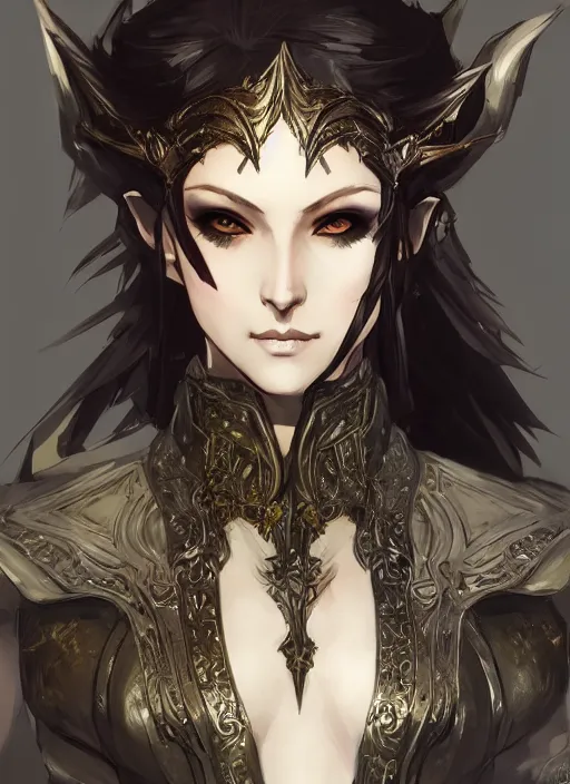 Prompt: Half body portrait of a smiling young beautiful elven female in ornate rogue attire. In style of Yoji Shinkawa and Hyung-tae Kim, trending on ArtStation, dark fantasy, great composition, concept art, highly detailed, dynamic pose.