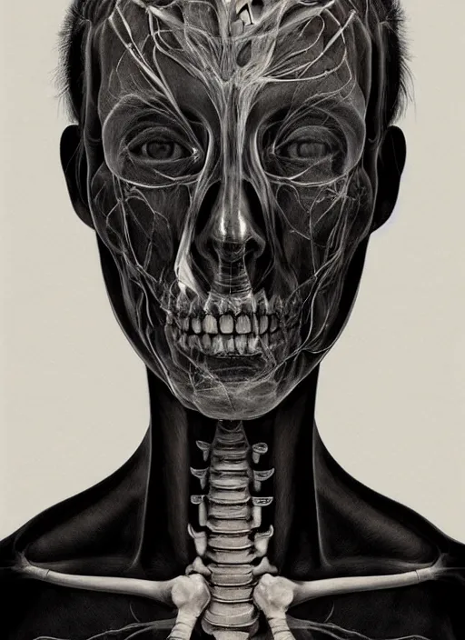 Prompt: masterpiece, woman, x-ray, bones and veins, deep black skin, marco mazzoni, zdzislaw beksinksi