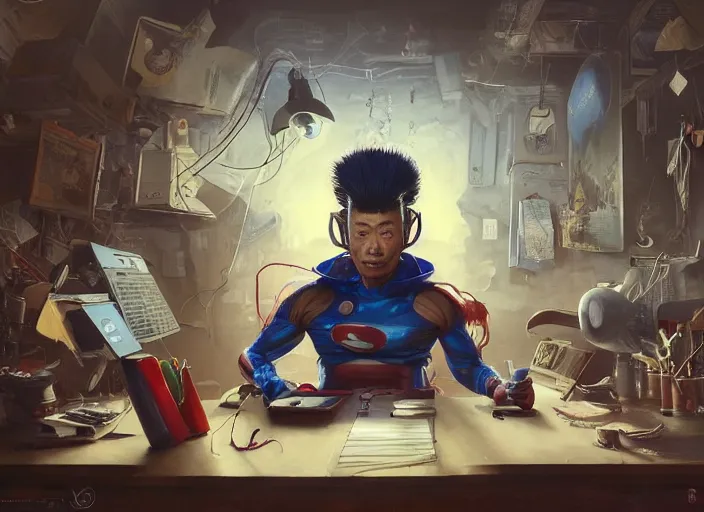 Image similar to an insanely detailed painting of an asian man wearing a homemade superhero costume, sitting at a desk, staring seriously at the computer and typing, in the style of peter mohrbacher, james jean, dramatic lighting and composition, surreal background, octane render, pixar, trending on artstation, concept art, comic book, view from behind, 8 k