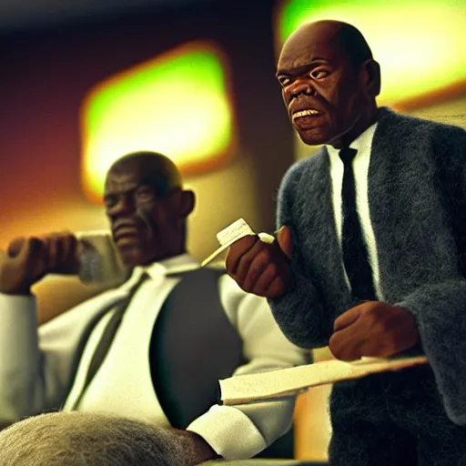 Image similar to needle felted scene featuring john travolta and samuel l jackson in pulp fiction, highly detailed, tilt shift, atmospheric, hyperrealism, highly textured, god rays, action