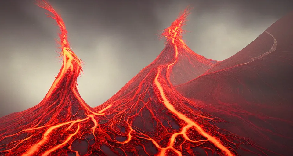 Prompt: a volcano made of ivory vines and crimson rocks enters in eruption, it spits a smoke in the shape of demonic eye, by filip hodas