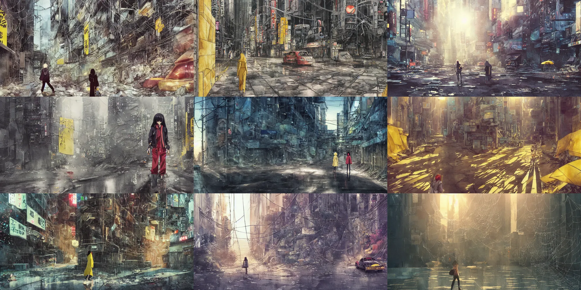 Prompt: anime movie scene, mamoru oshii, otomo, ultra wide, vanishing point, hoody woman explorer, watercolor, crator, sinkhole, spiderwebs, flowers, billboards, sun beam, dusty volumetric lighting, rim light, paper texture, puddles, deserted shinjuku junk, brutalist, telephone pole, yellow, red