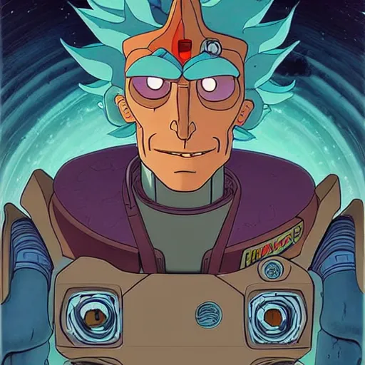 Prompt: 1 0 7 7 autobot rick sanchez bender futurama portrait by charles vess and james jean and erik jones and rhads, inspired by ghost in the shell, beautiful fine face features, intricate high details, sharp, ultradetailed