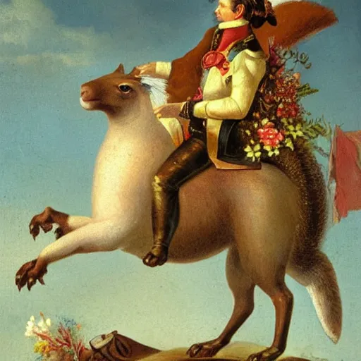 Image similar to a giant squirrel carrying napoleon!!! on its back, napoleon riding, beach scene with flowers and foliage, detailed oil painting