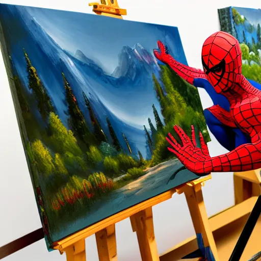 Image similar to a closeup photorealistic photograph of bob ross working on a canvas painting of spiderman. film still. brightly lit scene. mountains and trees. this 4 k hd image is trending on artstation, featured on behance, well - rendered, extra crisp, features intricate detail, epic composition and the style of unreal engine.