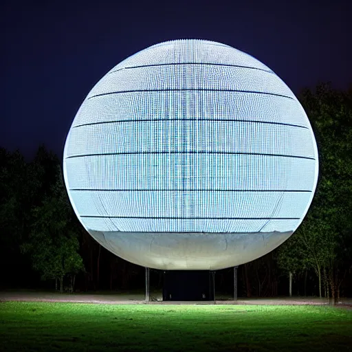 Image similar to a silver water tower. 1 0 feet behind the water tower is a reflective sphere. the sphere is 1 1 5 feet tall. the water tower is 5 0 feet tall. the water tower is 2 0 feet above the ground. the camera light is black. the ground is transparent. below the water tower is a small 6 0 % dim blue light.