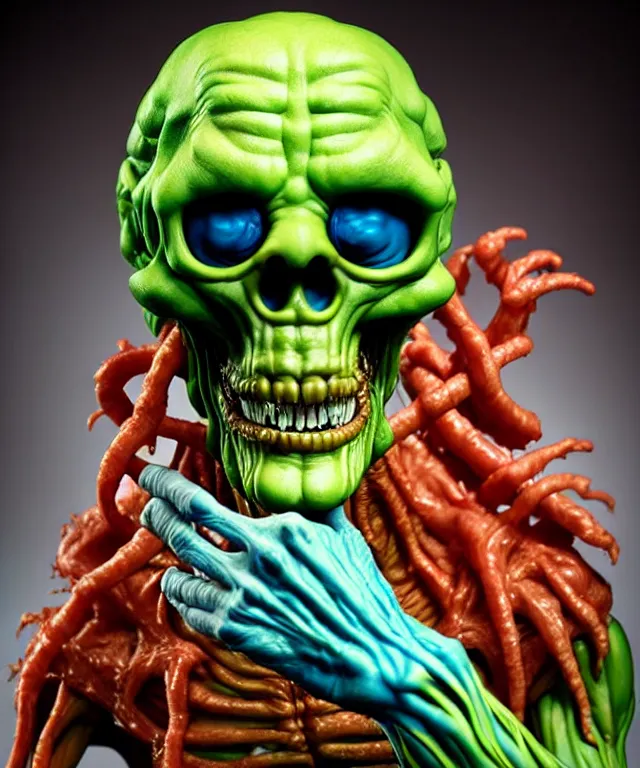 Image similar to hyperrealistic rendering, cronenberg flesh monster skeletor by art of skinner and richard corben and jeff easley, product photography, action figure, sofubi, studio lighting, colored gels