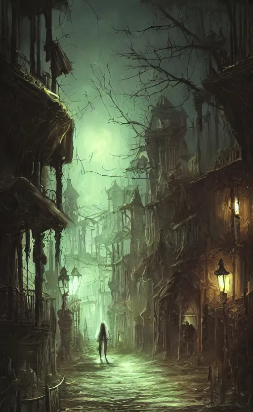 Image similar to dark fantasy concept art of a neighbour hood view at night of a halloween decorated street, dynamic lighting, photorealistic, cinematic, ultra detailed, trending on art station, creepy, lonely vibe, stunning visuals, extreme detail, eery vibe