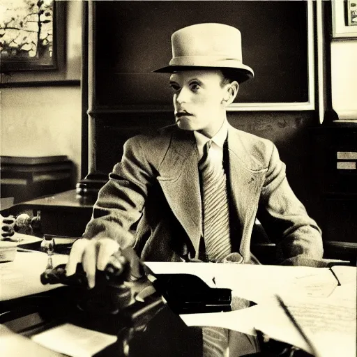 Image similar to cinematic, beautiful, ultra detailed, precise, award winning photo by saul leiter of an aristocrat animal frog wearing a perfect suit and a perfect hat sitting behind a perfect victorian desk, 1 9 4 0 s, vintage photography