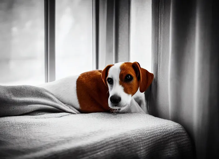 Image similar to photography of a Jack Russel . watching outside the window. on a bed. in a vintage room.,volumetric light, photorealistic,, award winning photo, 100mm, sharp, high res