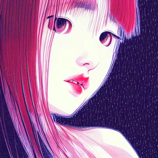 Image similar to daydreaming Nanase Nishino close-up portrait looking straight on, complex artistic color ink pen sketch illustration, full detail, gentle shadowing, fully immersive reflections and particle effects, chromatic aberration.