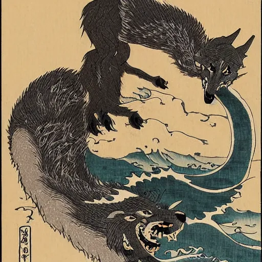 Prompt: wolf and demon in the style of Hokusai