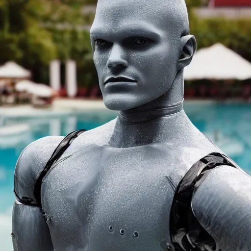 Prompt: a realistic detailed photo of a guy who is an attractive humanoid who is half robot and half humanoid, who is a male android, wrestler finn balor, shiny skin, posing like a statue, blank stare, by the pool, on display, showing off his muscles, humanoid robot, frozen ice statue